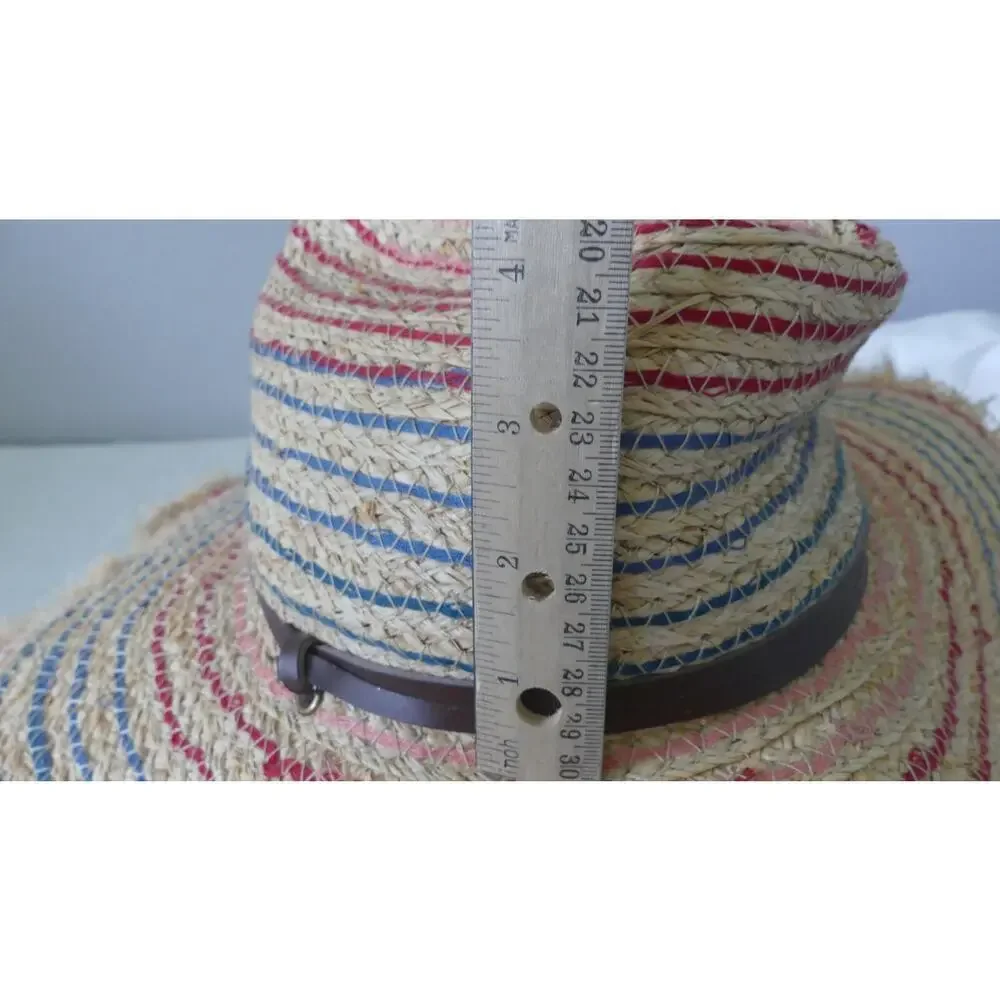 Kate Landry Wide Brim Straw‎ Hat Summer Hat Colorful Thread Leather Chin Strap